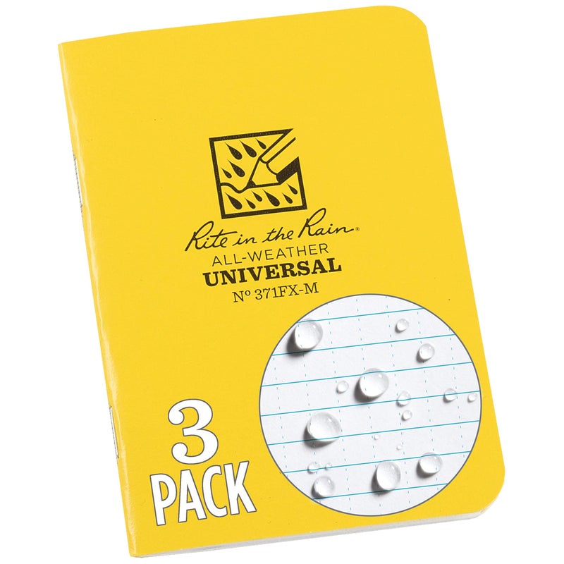 Rite in the Rain Weatherproof Mini Stapled Notebook, 3.25" x 4.625", Yellow Cover, Universal Pattern, 3 Pack (No. 371FX-M) - Image 1